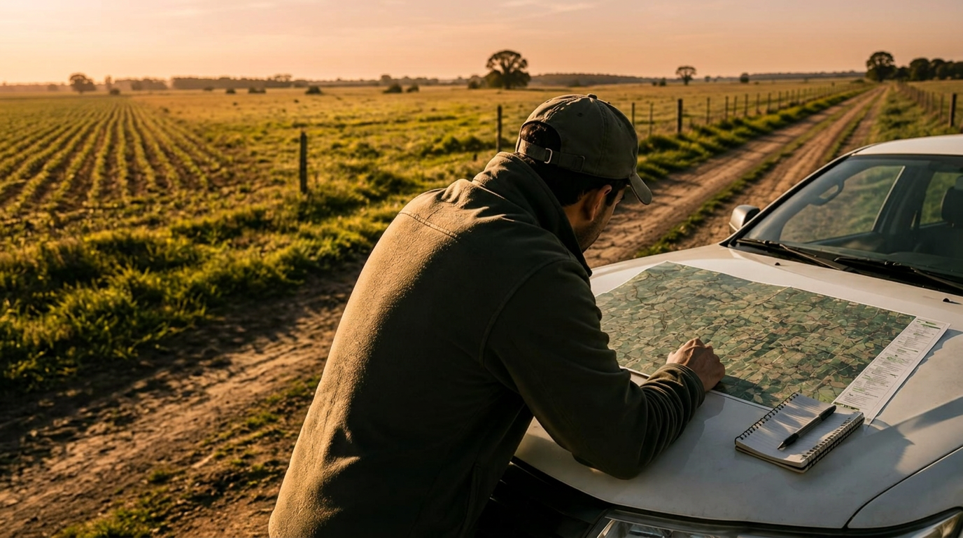 Productor revisando un mapa sobre la camioneta en el campo